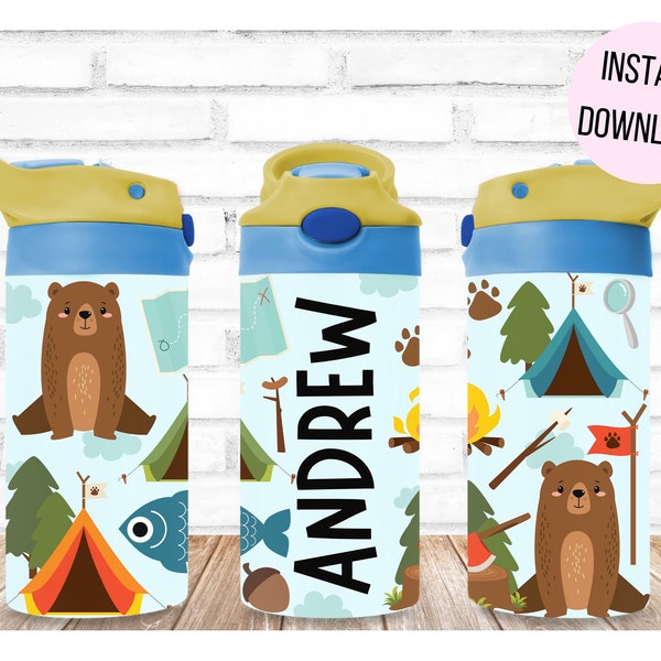 Kids Boys tumbler wrap sublimation, 12oz flip top camping sippy cup sublimation PNG file, Summer Camping water bottle wrap sublimation