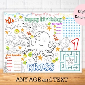 Under the sea party placemats, under the sea activity coloring sheet, under the sea birthday party games, under the sea party table decor