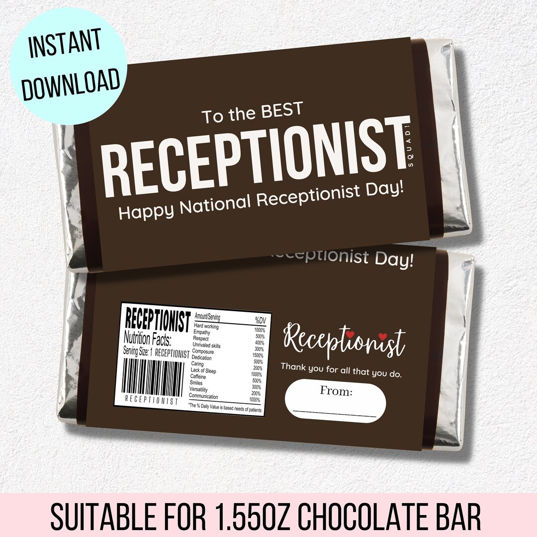 Printable Happy Receptionists Day Chocolate Bar Wrapper, Reception