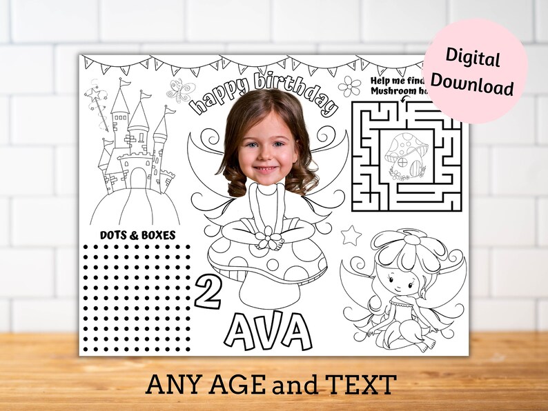 Personalised Fairy party activity sheet with photokids birthday placemat coloring page kids birthday party table decor