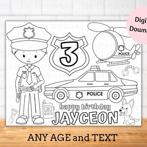 Police birthday party placemats, police party table decor, police activity sheet, police color sheet