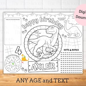 Dinosaur birthday party placemats, dinosaur activity coloring sheet, dinosaurs party games, dino party games, dinosaurs party table decor