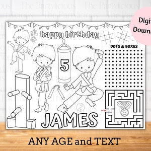 Tovagliette per feste di karate, giochi per feste di compleanno di karate, decorazioni per la tavola di feste di karate, colorazione di karate e foglio di attività, FILE DIGITALE