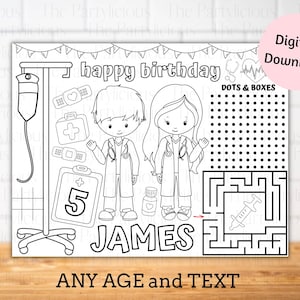 Doctor birthday party placemats, doctor party coloring and activity sheet, doctor theme party table decor