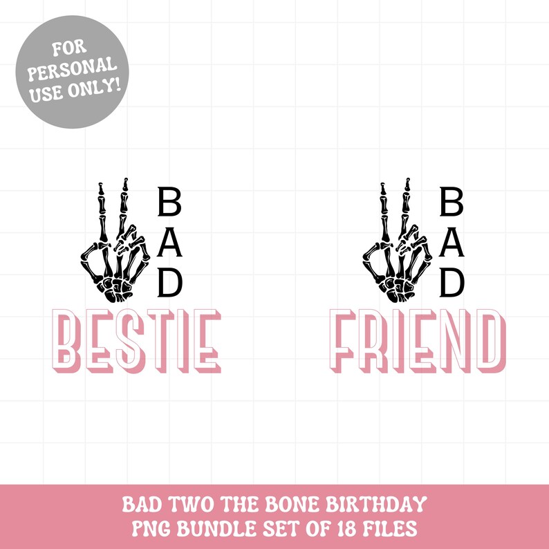 Puede incluir: Dos ilustraciones de manos de esqueleto negras con signos de paz y las palabras "BAD" y "BESTIE" y "BAD" y "FRIEND" en texto rosa.