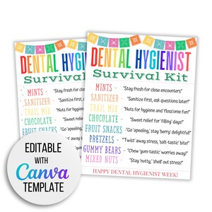 Etiquetas para presente de kit de sobrevivência da semana dos higienistas dentais, modelo editável do Canva Cartões de agradecimento da semana dos higienistas dentais, download instantâneo