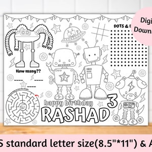 Robot birthday party placemats, Robot birthday party kids table decor, Robot coloring sheet, Science robot activity sheet birthday