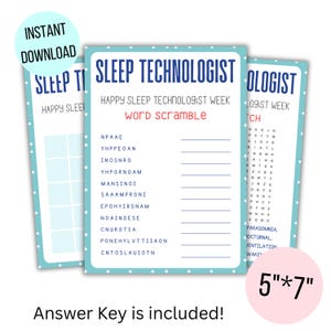 May include: A printable word scramble game for Sleep Technologist Week. The game features a blue and white polka dot background with the words "Happy Sleep Technologist Week" and "Word Scramble". The game includes a list of words to unscramble, such as "Parasomnia", "Nocturnal", and "Ventilation". The game is 5 inches by 7 inches.