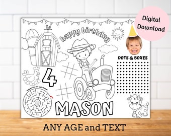 Personalised Farm party activity sheet with photo,kids birthday placemat coloring page, Barnyard birthday party table decor