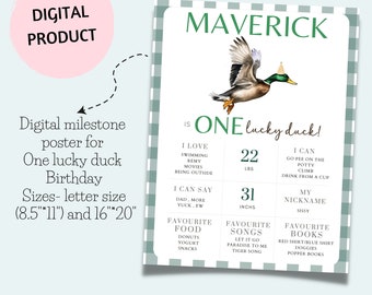 One lucky duck birthday milestone board, Duck hunting theme first birthday Milestone poster, Boy birthday milestone chart, Instant Download