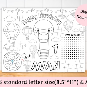 Hot air birthday party placemats, Hot air balloon coloring and activity sheet, Hot air placemat table decor