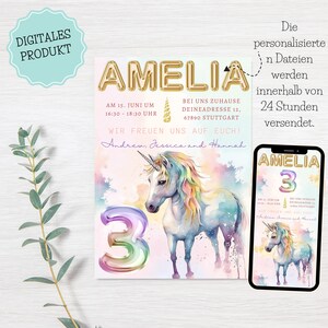 Einladung Kindergeburtstag Einhorn Mädchengeburtstag Digitale WhatsApp einladung, Digitale versenden über Zuhause drucken