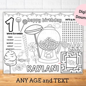 Candyland theme birthday party placemats, candy theme placemats, candyland table decor, candy party games, sweet shop theme birthday
