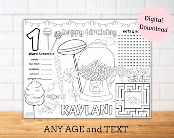 Candyland theme birthday party placemats, candy theme placemats, candyland table decor, candy party games, sweet shop theme birthday