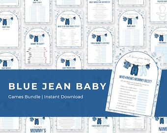 Blur Jean babyshower-spelpaket, Denimblått babyshower-spel för pojkar, direktnedladdning