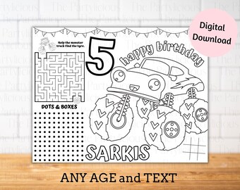 Monster truck birthday placemats, monster truck party table decor, monster truck party games, monster truck coloring and activity sheet