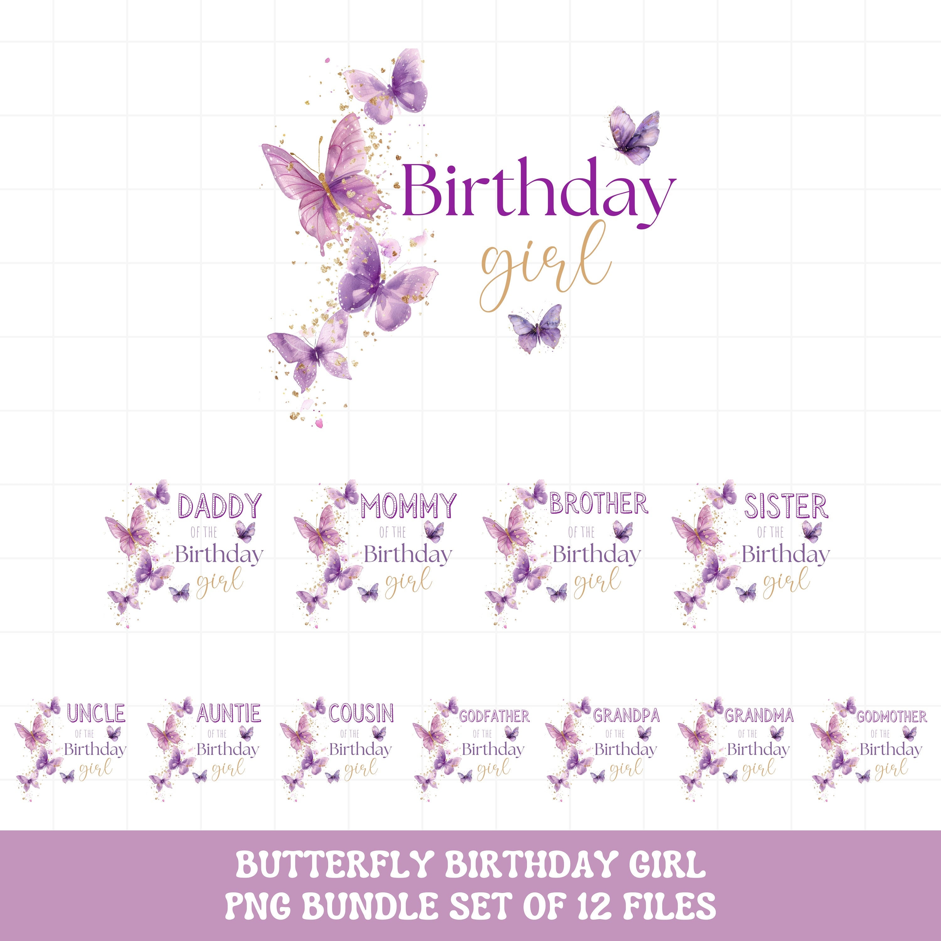 Butterfly birthday shirt PNG bundle, Purple buttefly birthday girl family matching shirt PNG iron on transfer, Instant Download
