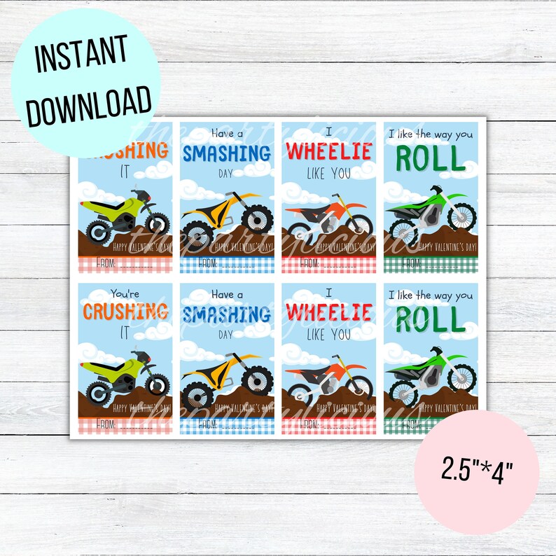Printable Dirt Bike Valentines Day Cards School Kids - Etsy