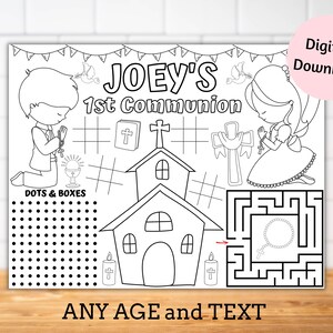 Personalised first communion placemats, first communion coloring sheet, first communion activity sheet, first communion party games