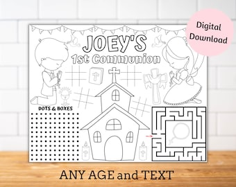 Personalised first communion placemats, first communion coloring sheet, first communion activity sheet, first communion party games