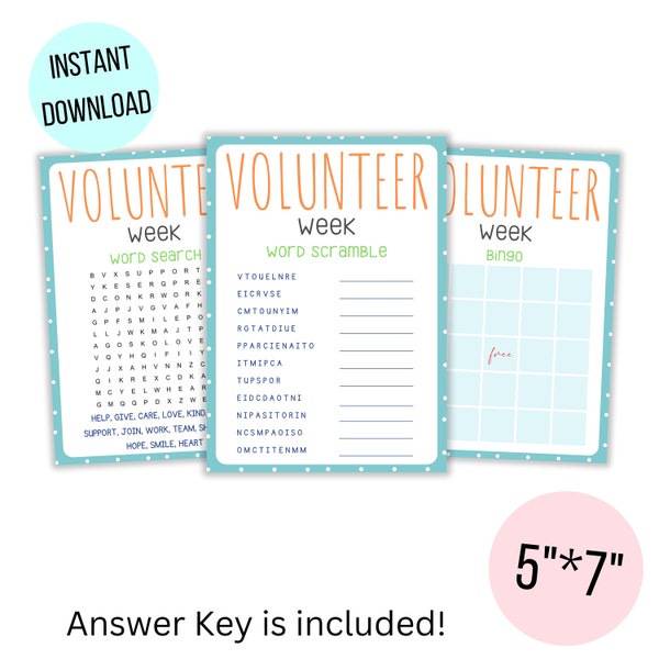Happy National Volunteer week 2024 printable games, Happy Volunteer week appreciation 2024 bingo word search word scramble, Instant Download
