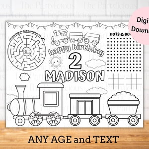 Train birthday party placemats, trai coloring and activity sheet, train theme birthday party table decor, train birthday party games