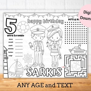 Nautical party placemats, nautical birthday activity and coloring sheet, nautical party games