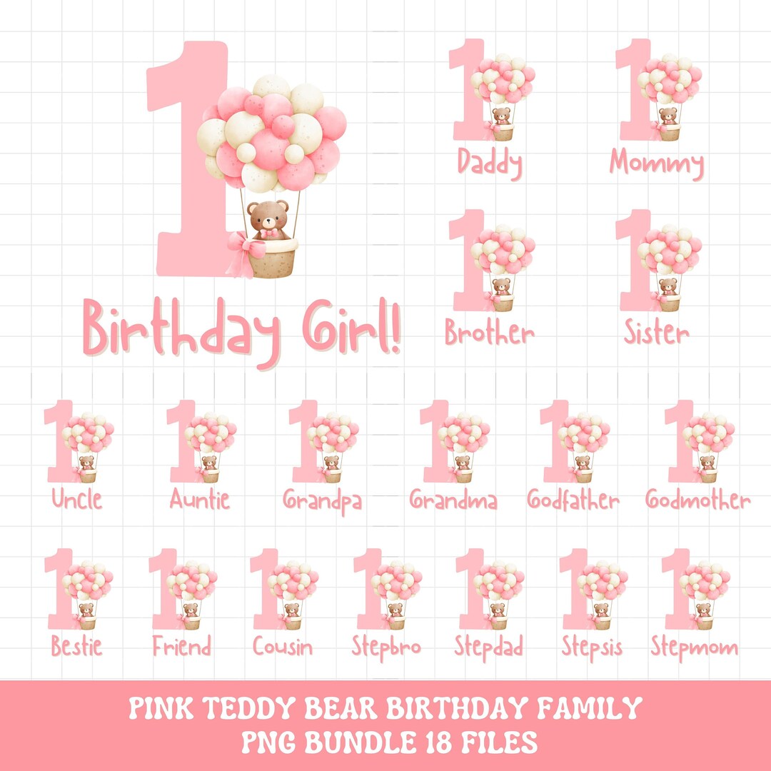 Girls Teddy Bear First Birthday PNG Bundle Sublimation, Pink Teddy Bear ...