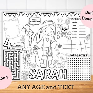 Personalised Pirates Birthday party activity sheet, birthday placemats, party coloring page, kids party games, Pirates party table decor