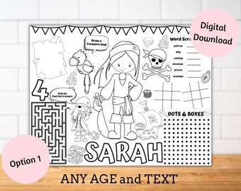 Personalised Pirates Birthday party activity sheet, birthday placemats, party coloring page, kids party games, Pirates party table decor