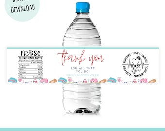 Etiquetas imprimibles para botellas de agua de la Semana de la Enfermería. Etiquetas para botellas con motivo de la celebración del agradecimiento a la enfermera. Descarga instantánea.