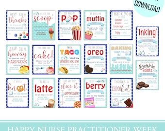 May include: A set of 17 posters and tags for Happy Nurse Practitioner Week. Each poster has a unique design with phrases like "Thanks," "Cake," and "Brownie Points." The posters are in red, white, and blue.