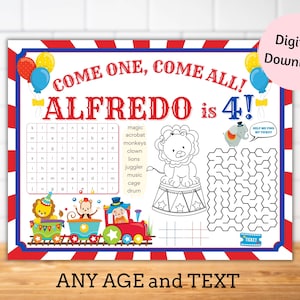 Personalised Circus birthday placemats, circus coloring sheet, carnival activity sheet, circus party table decor games