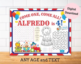 Personalised Circus birthday placemats, circus coloring sheet, carnival activity sheet, circus party table decor games