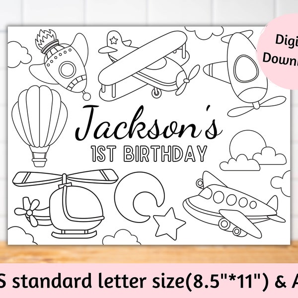 Airplane birthday party placemats, boys airplane party games coloring and activity sheet, transportation plane party table decor