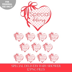 May include: A set of red heart-shaped graphics with the words "Special Delivery" and family titles. Each heart features a bow and ribbon design. The text "Special Delivery Baby Shower" and "12 PNG Files" are also included.