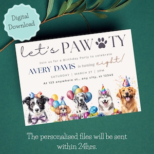 Dog birthday party invitation, puppy pawty invite, Dog theme birthday invite, Modern Puppy Pawty Birthday invitation girl birthday