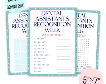 Printable Dental Assistant Recognition week games, Dental assistant week games bingo word search word scramble, Instant Download