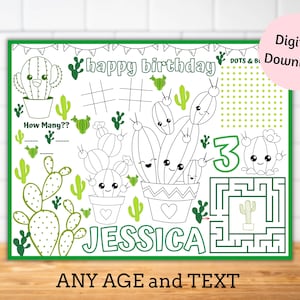 Personalised Cactus birthday placemats, Cactus coloring sheet, Cactus activity sheet, Cactus party games