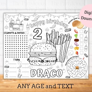 Burger birthday party placemats, burger party games, bbq party games, burger coloring and activity sheet, burger grill birthday party