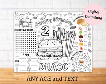 Burger birthday party placemats, burger party games, bbq party games, burger coloring and activity sheet, burger grill birthday party
