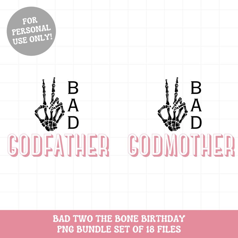 Puede incluir: Dos manos de esqueleto negras con signos de paz, una con el texto "BAD GODFATHER" y la otra con el texto "BAD GODMOTHER". El texto est&aacute; en negro con un contorno rosa. El fondo es blanco.