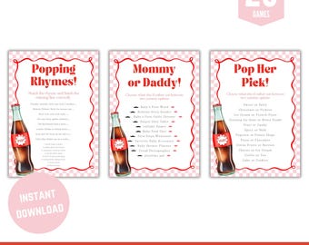 Printable 20 Games She's Ready to Pop Baby shower bundle, Gender Neutral Ready to Pop Soda Diner Baby Shower game set, Instant Download