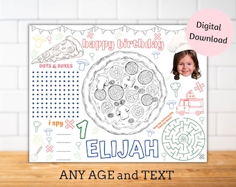 Hoja de actividades de fiesta de cumpleaños con foto, manteles individuales de cumpleaños, página para colorear de fiesta, juegos de fiesta para niños, decoración de mesa de fiesta de cumpleaños para niños