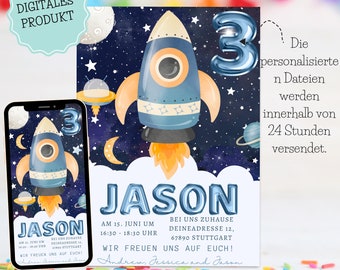 Einladung Kindergeburtstag Astronaut Rakete Weltall Weltraum Mädchensgeburtstag WhatsApp einladung, Digitale versenden über Zuhause drucken