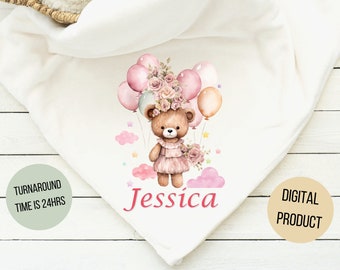 Teddy bear baby blanket sublimation design,Teddy Animals sublimation PNG file, Girls Woodland Bear Baby blanket design PNG file sublimation