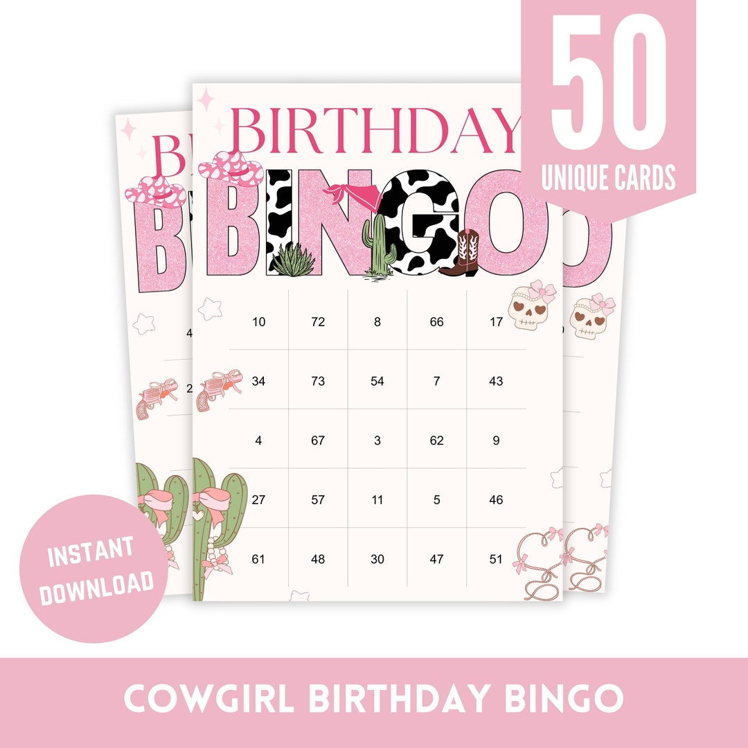Cowgirl Birthday Bingo Games Set, Printable Cowgirl Theme Birthday ...