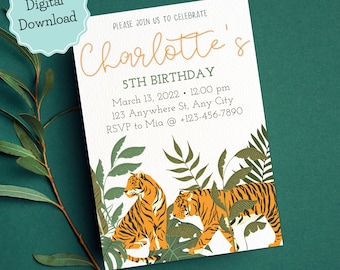 Little tiger birthday party invitation, Safari Tiger themed birthday party invite , animals tiger birthday party invite