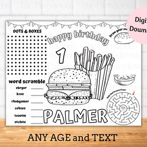 Burger birthday party placemats, burger party games, bbq party games, burger coloring and activity sheet, burger grill birthday party