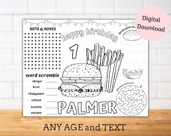 Burger birthday party placemats, burger party games, bbq party games, burger coloring and activity sheet, burger grill birthday party